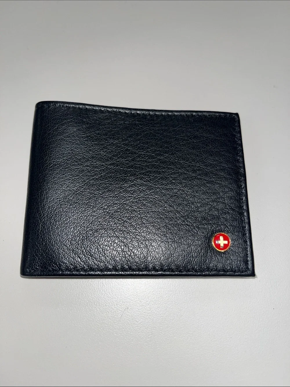Alpine Swiss Black Leather Bi-Fold Wallet with Red Swiss Emblem